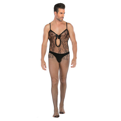 Men Fetish Underwear Cross dress Costume Lace Body Stockings Fishnet Bodysuit