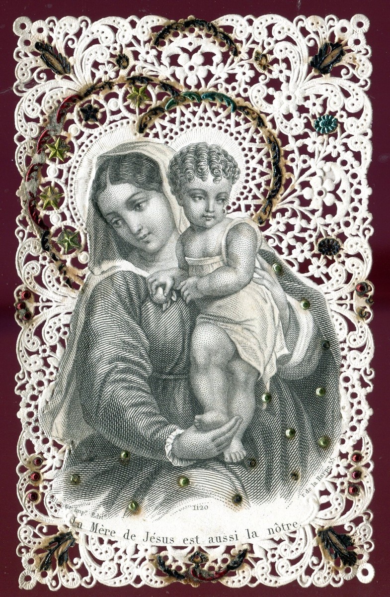 ANTIQUE LACE HOLY CARD WITH OF ST MARY AND JESUS | eBay