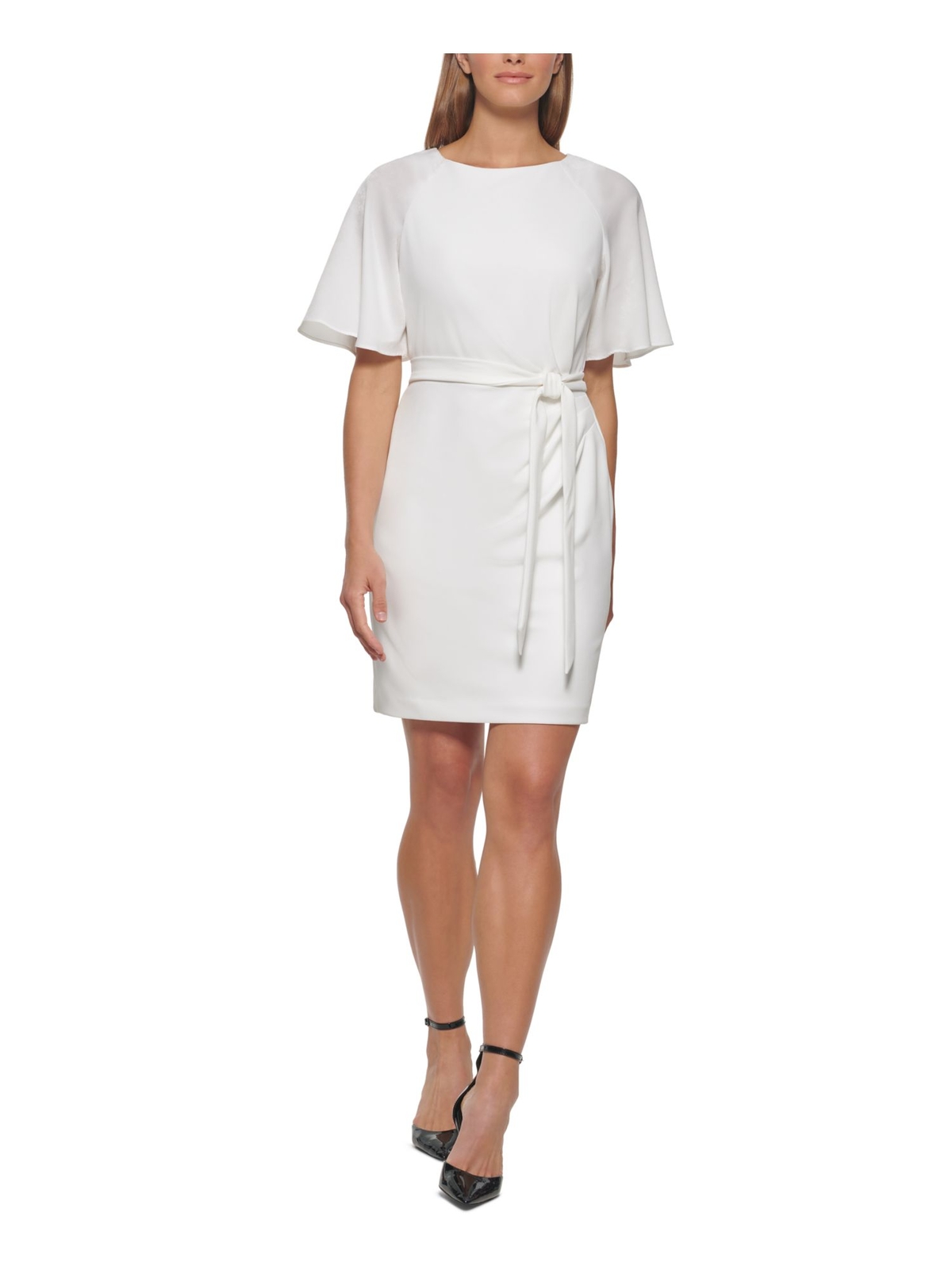 Женское платье-футляр DKNY с развевающимися рукавами выше колена и поясом цвета слоновой кости 8