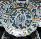 DERUTA POTTERY HAND  ORVIETANO GREEN ROOSTER DINNER PLATES SET OF 4