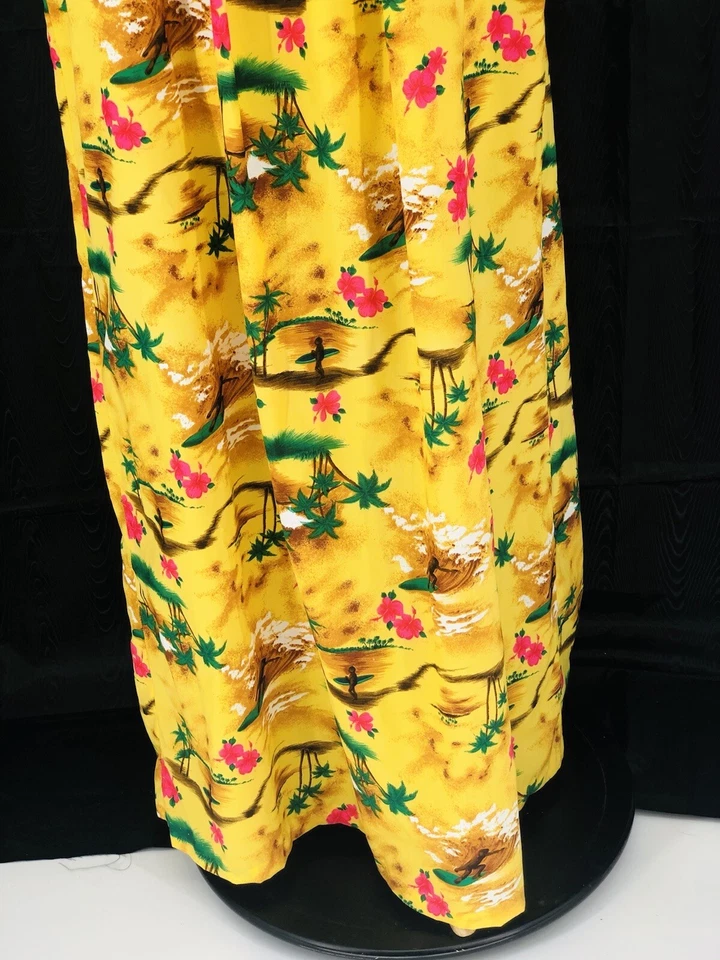 Vintage 1980’s Hawaiian Mumu Maxi Dress Size 10 Yellow Surfers Palm Trees - Изображение 4 из 4