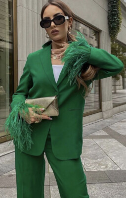 Mens Blazer ZARA De Satén Doble Botonado Mujer Verde Oscuro  Double-breasted Blazer