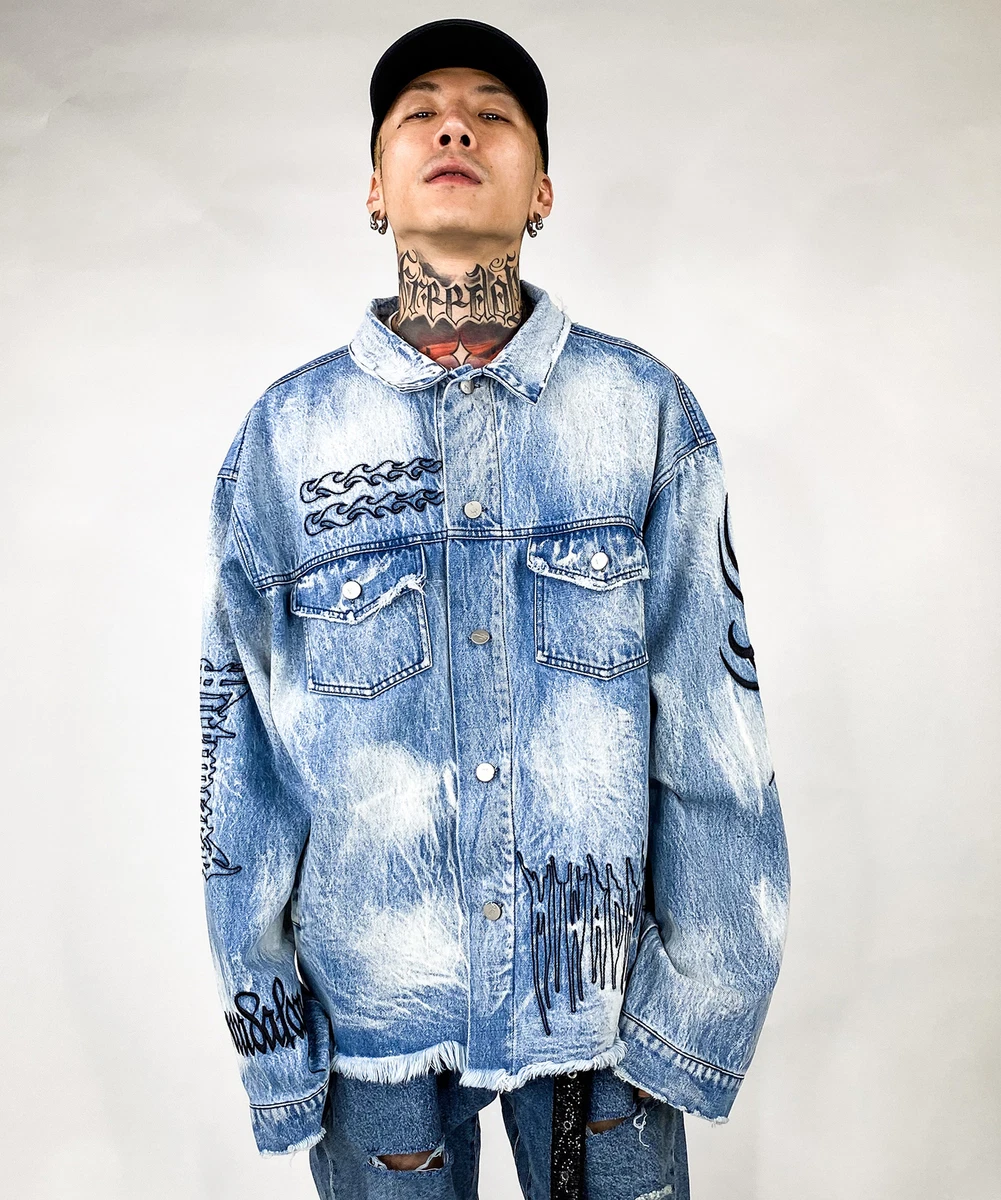 Niepce Gothic Denim Jean Jacket Button Up Asian Hip Hop Urban