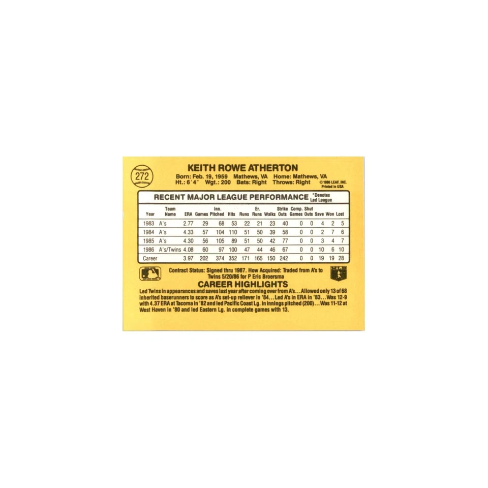 1987 Donruss Keith Atherton Baseball Cards #272 - Image 2 of 3