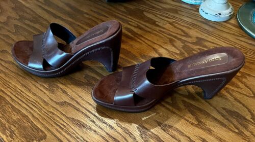 ENZO ANGIOLINI WOMEN'S BROWN LEATHER SLIP ON HEELED NICOLITTE SANDALS SIZE 8.5 M - Picture 2 of 4