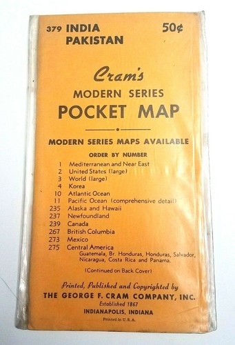 NOS Sealed Vintage 1950's Cram's Modern Series Pocket Map India Pakistan # 379