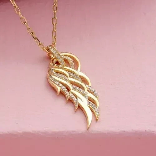 2.10 Ct Round Simulated Diamond Angel Wing Charm Pendant 14k Yellow Gold Plated - Picture 1 of 8