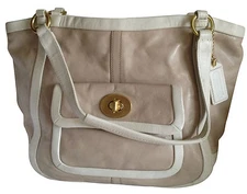 COACH Putty Beige/White Leather CRICKET Turnlock Tote Bag Purse-13603 