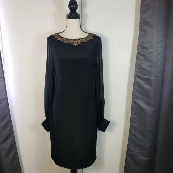 MARCHESA NOTTE Black Silk Gold Beaded Sequin Scoop Neck Sheath Dress Size 6