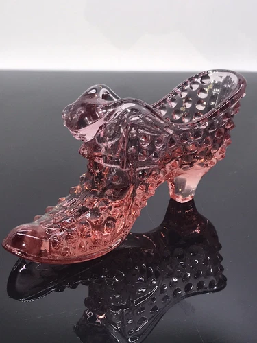 Vintage FENTON 1960's Glass Hobnail Pink Shoe Slipper Cat Head.