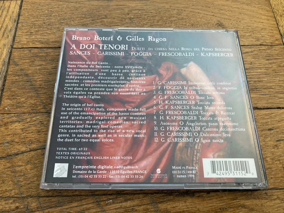 A DOI TENORI Duetti Da Chiesa Nella Roma Del Primo Seicento 17th Church Duets CD Foto 3 de 3
