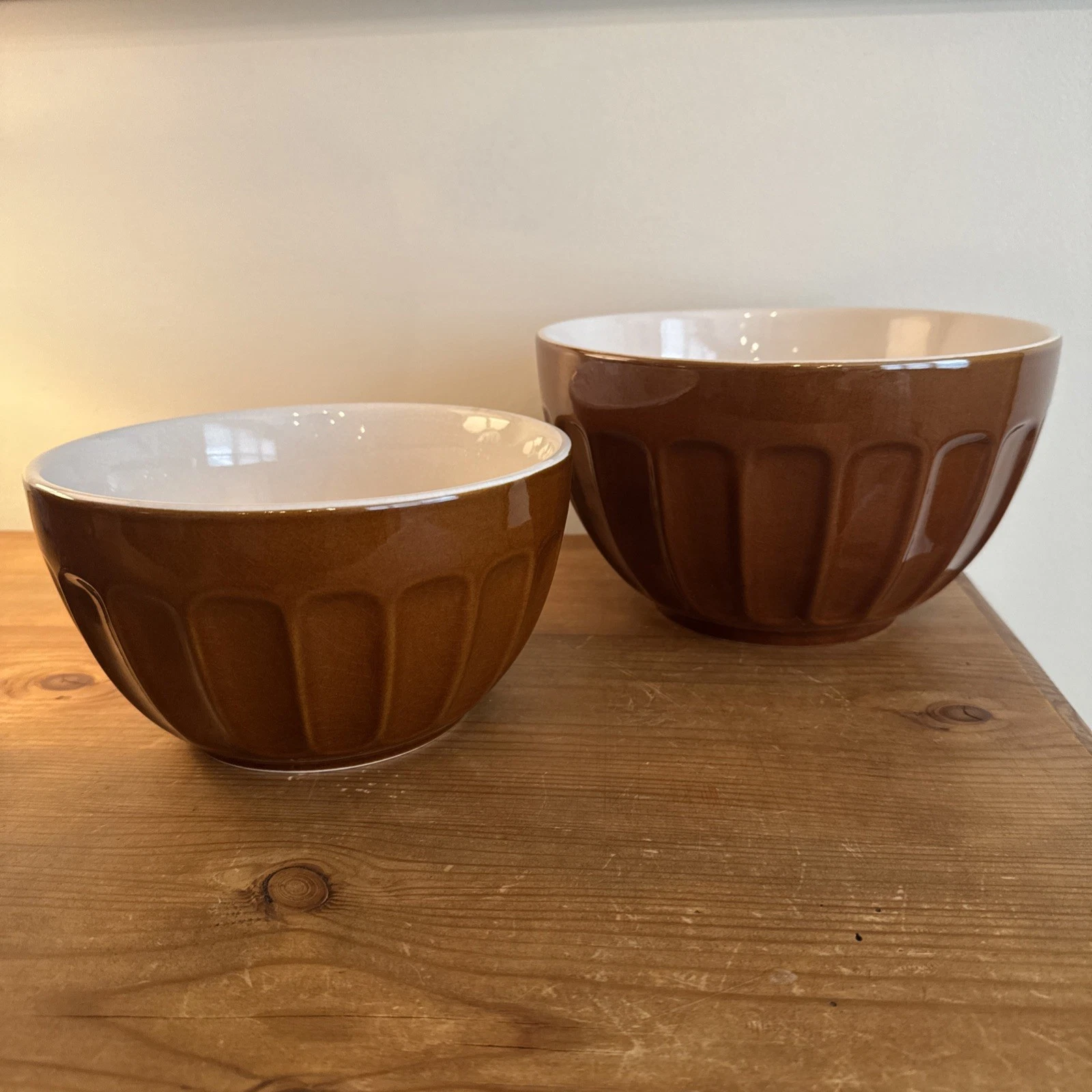 Williams Sonoma Ceramic 9.5” and 8” Mixing Bowls Orange Persimmon Fluted