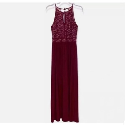 Morgan & Co Y2K Fairy Whimsigoth Burgundy Lace Sequin Halter Maxi Dress Formal