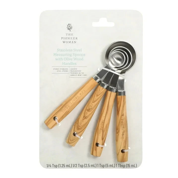 Pioneer Woman Stainless Steel & Olivewood Measuring Spoon Set 4Pcs New