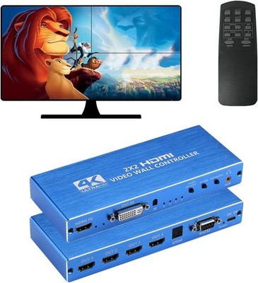 Video Wall Controller, 4K 2X2 TV Wall Processor with HDMI+DVI+RS232 Input