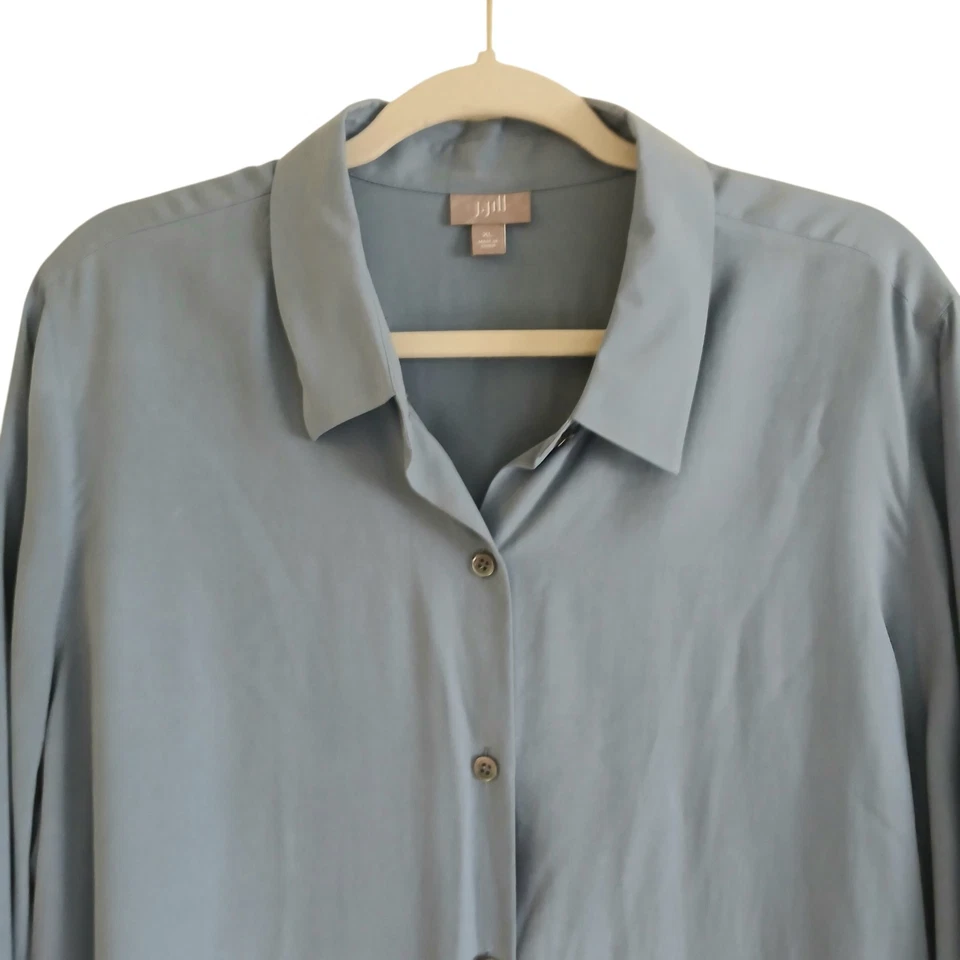 Blusa J Jill 100 % seda abotonada para mujer XL azul silenciosa lujo oficina lujo Foto 3 de 4