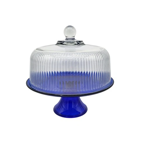Vintage Anchor Hocking Cobalt Blue Glass Round Cake Plate Stand Ribbed Cover 11"