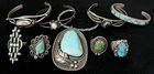 Lot of 10 Vintage Native American Sterling Silver Bracelets, Ring, & Pendant