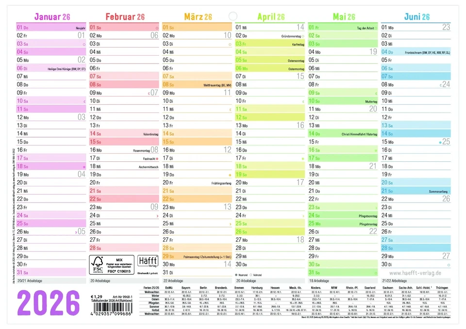 HAEFFT VERLAG Häfft Haefft 2026 Tafelkalender DinA4 HV 9968-1 Jahresübersicht Regenbogen