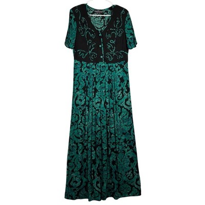 Vintage Carole Little Maxi Dress Womens Small Button Placket Green Black Peasant