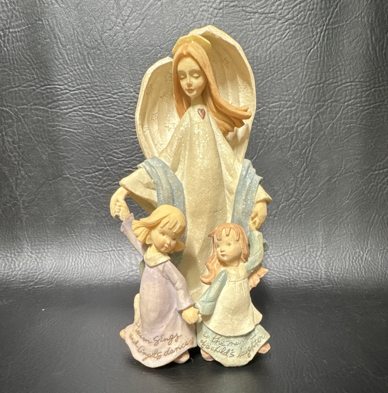 Christianity Angel Figurine Statue with Two Children, Glitter Accent, Text