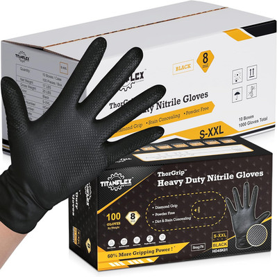Titanflex Heavy Duty Black Nitrile Gloves, Raised Diamond Texture, Latex Free, P