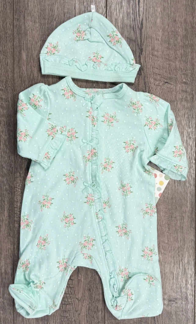Baby Girl Clothes New Little Me Preemie 2pc Blue Floral Footed Outfit & Hat