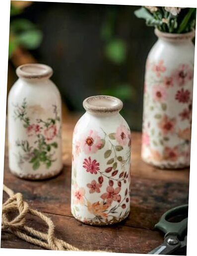 Vintage Ceramic Small Vase, Farmhouse Rustic Décor, 6 inches Colorful Daisy