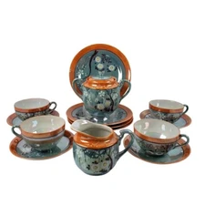 Vintage TT Lusterware Tea Set Cups Saucers Plates Creamer Sugar Green and Orange