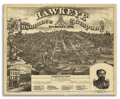 Des Moines Iowa 1881 Historic Panoramic Town Map - 20x24