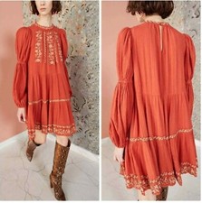 Ulla Johnson Women's Orange Ceres Embroidered Floral Dress in Clay Size 6