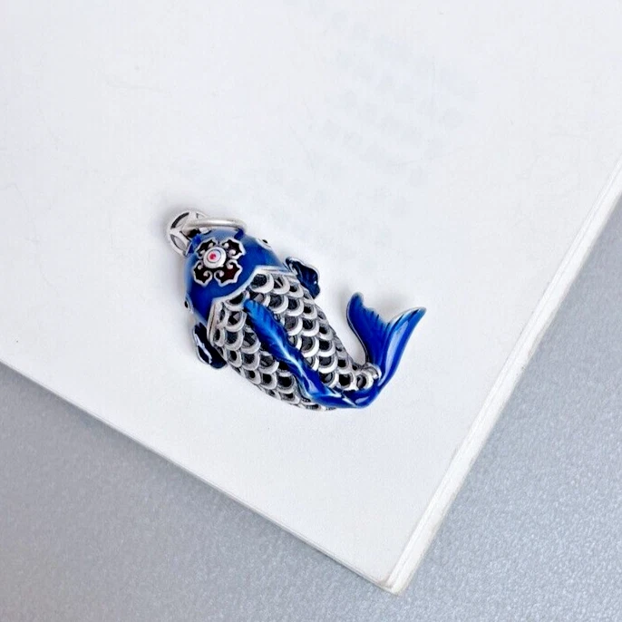 Vintage Plated Cloisonne Finish Necklace Pendant with Chain Lucky Jewelry - Image 3 of 4