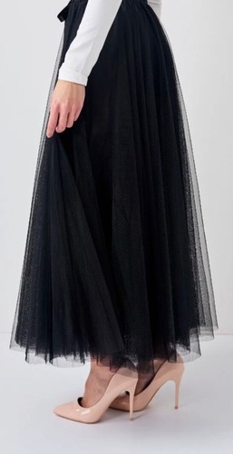 TRENDFARBE Schwarz ROCK langer TÜLLROCK PLISSEEROCK 2-lagig MIDI ROCK SKIRT - Bild 3 von 3
