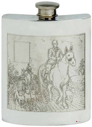 Pewter Hip Flask Hunting Foxes Picture Scene Kidney Engravable 6oz Screw Top - Picture 2 of 5