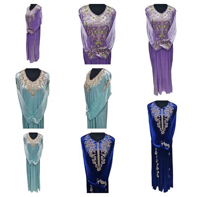 Moroccan Women Lilac Mint Green Royal Blue Velvet Long Maxi Dress Kaftan Abay...