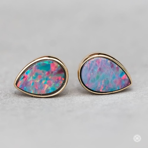 Rainbow Color Pear Shaped Australian Doublet Opal Stud Earrings 14K Yellow Gold - Picture 4 of 10