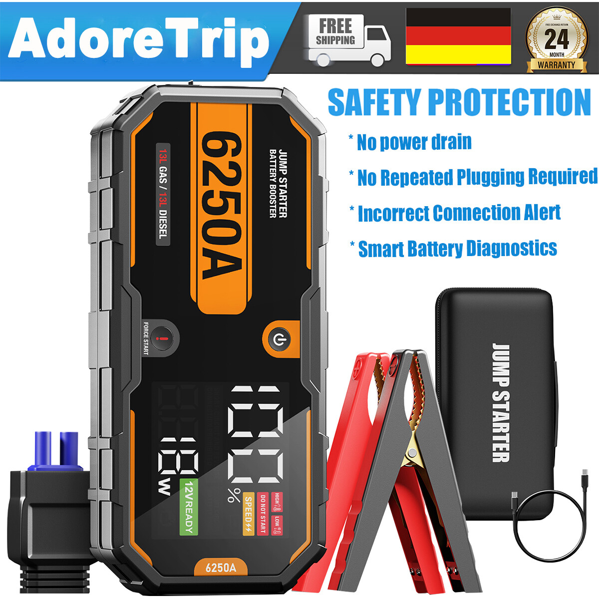 AdoreTrip 6250A Auto KFZ Starthilfe Jump Starter Ladegerät Powerbank