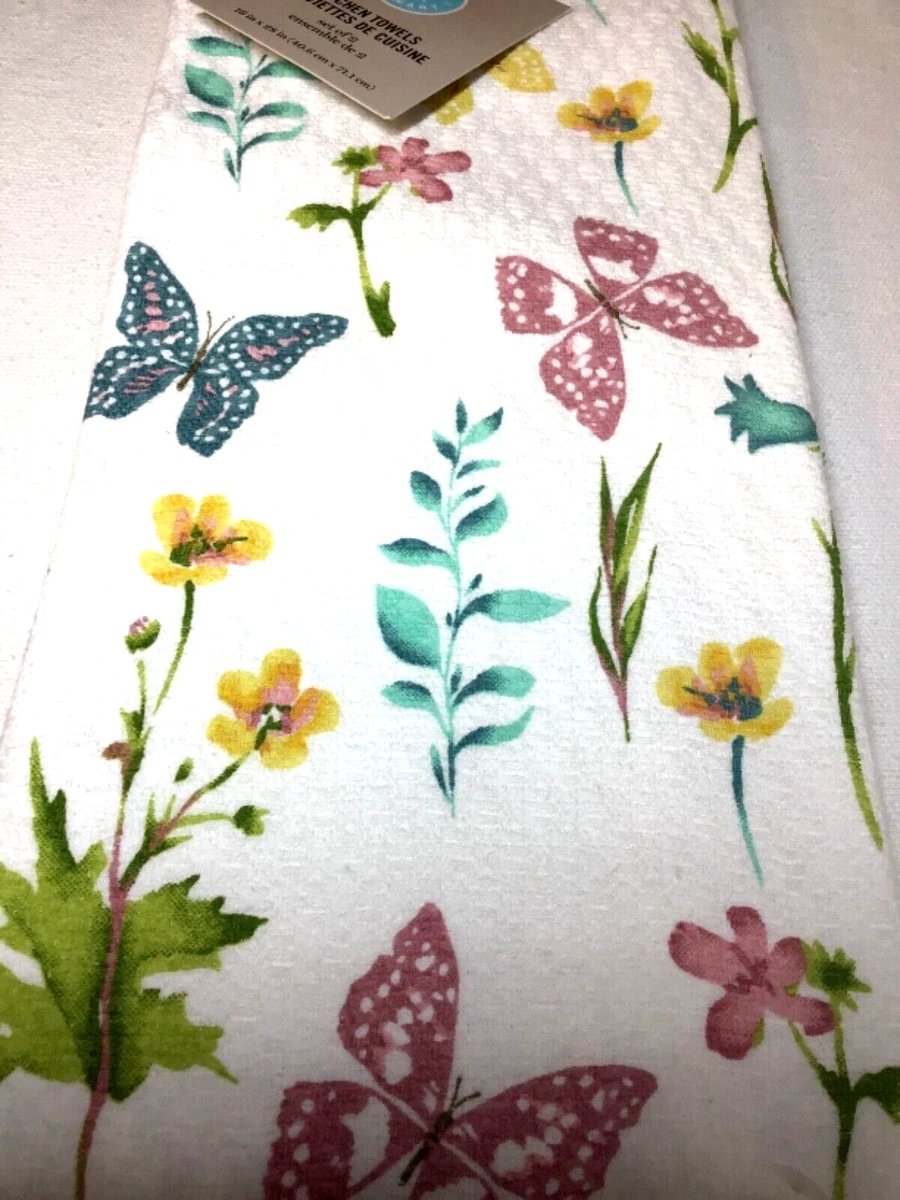 MARTHA STEWART KITCHEN DISH TOWELS (2) BUTTERFLY FLORAL PINK BLUE100%  COTTON NWT