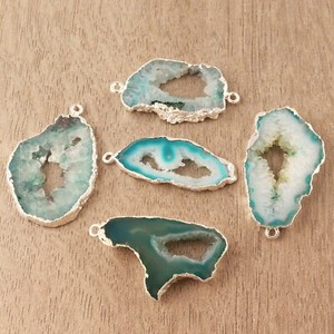 Natural Green Geode Slice Druzy Silver Electroplated Single  Bail DIY Connectors