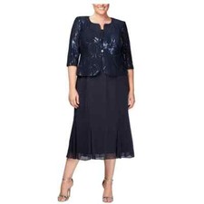 ALEX EVENINGS Dress Set 20W Navy Blue 496267 Two Piece MIDI  NWT $239