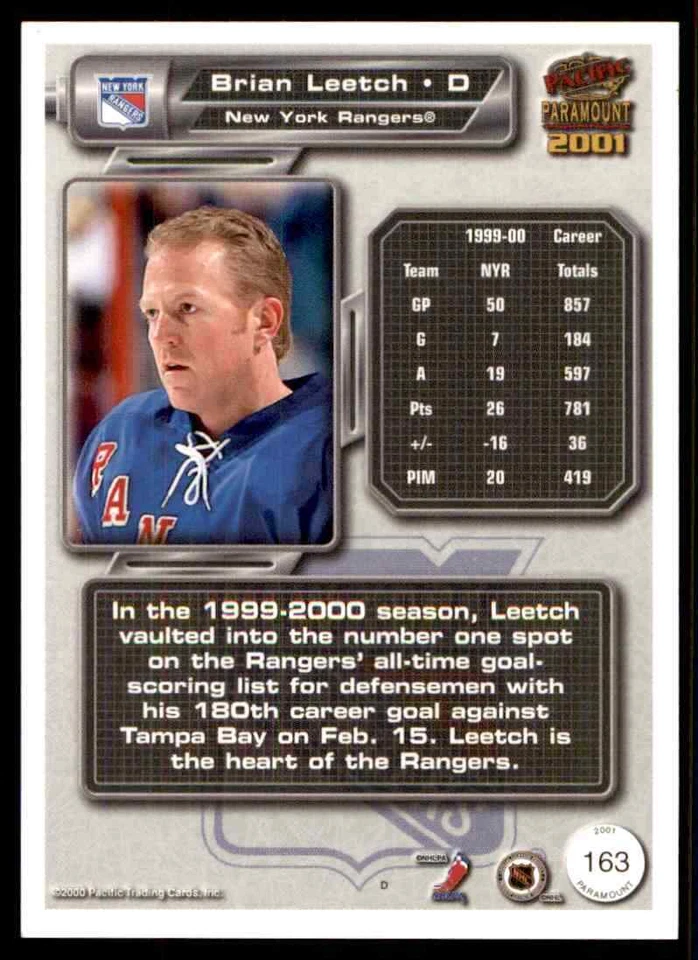 2000-01 Pacific Paramount Brian Leetch #163 - Image 2 of 2