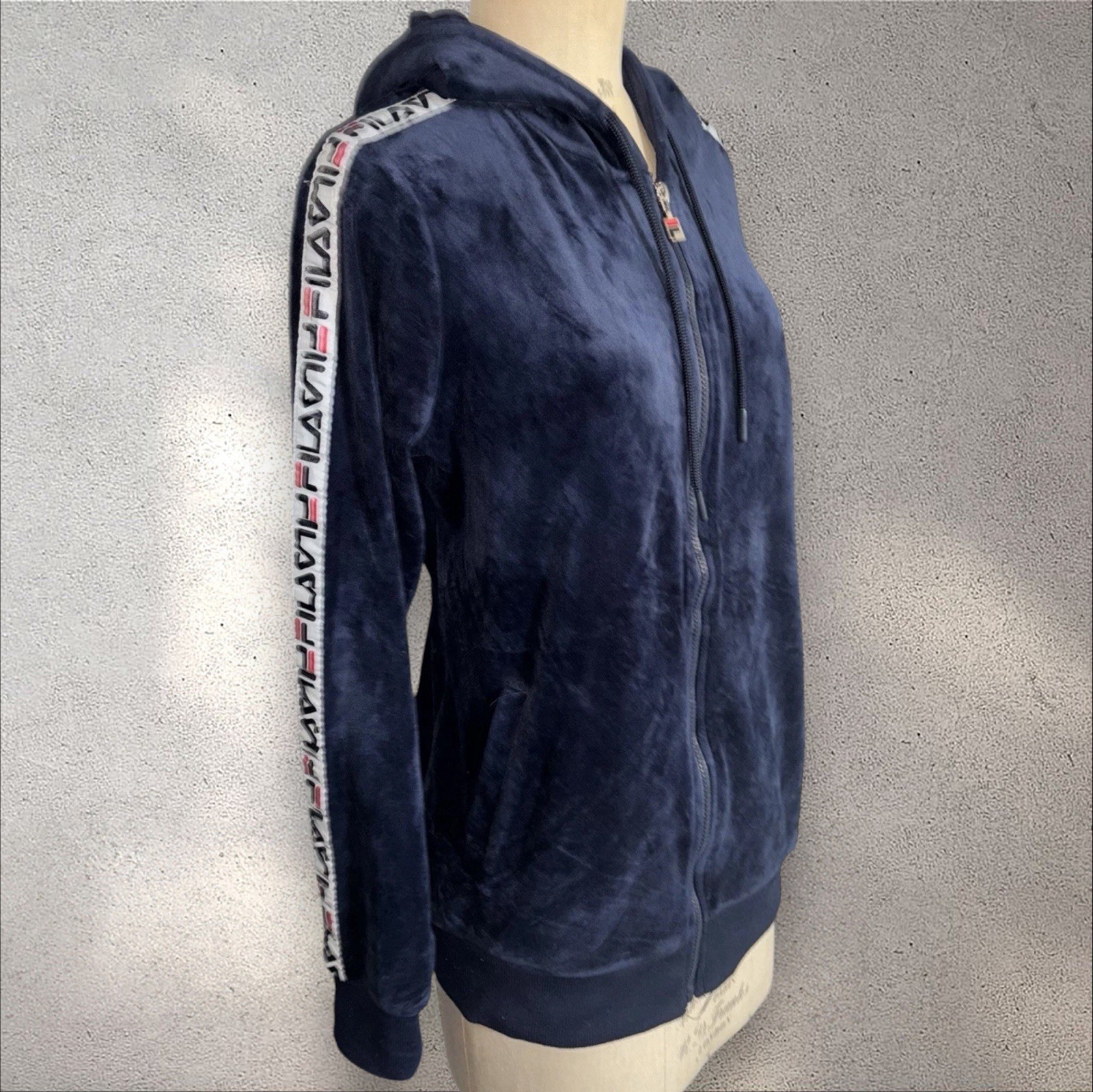 Fila Felpa con cappuccio e zip intera in morbido velluto blu navy da donna Taglia L