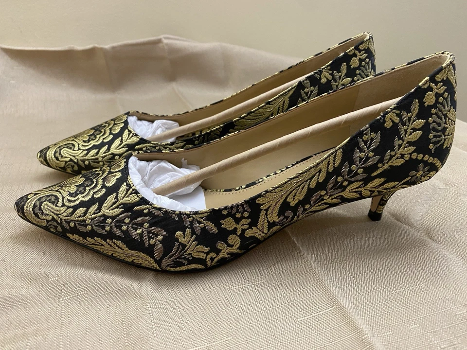 Ann Taylor черный цветочный золотой лист котенок каблуки насос 7,5 кожаная подошва отличном! - Изображение 2 из 4
