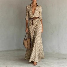 Plaid V-Neck Maxi Dress with Cinched Waist, Button-Down, Long Sleeves, Elegant