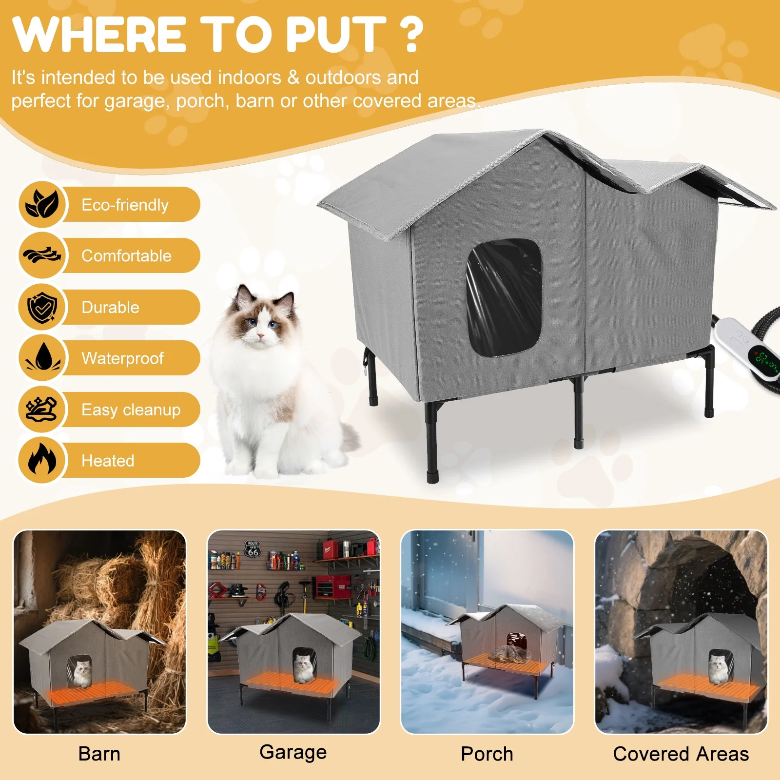 Heated Outdoor Cat House for Winter Weatherproof Insulated Oxford Cloth & Elevat