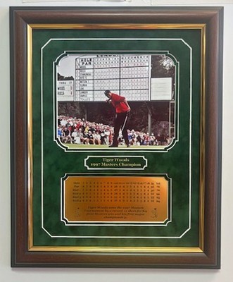 TIGER WOODS MASTERS 8X10 FRAMED W SCORECARD NAMEPLATE 1997 2001 2002 2005 2019