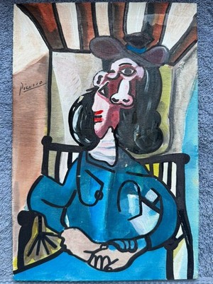 PICASSO drawing and painting on old wood signed stamped vintage