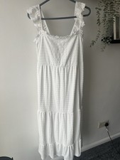 F&F White Broderie Anglaise Midi Dress - Size M - Boho Frill Sleeve Tie-Back