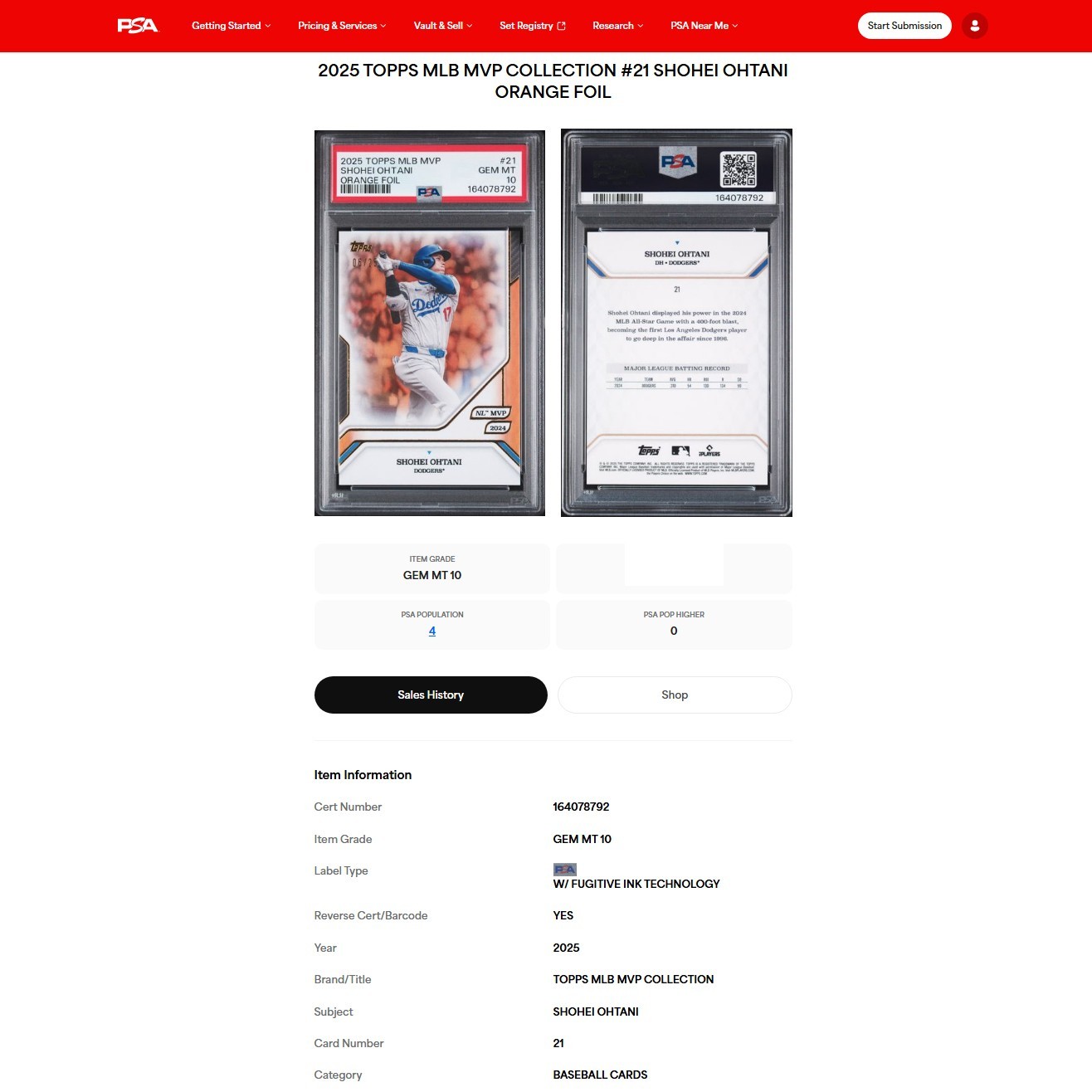 2025 Topps MVP Collection SHOHEI OHTANI Dodgers Orange Foil SSP 06/25 #21 PSA 10 view 3