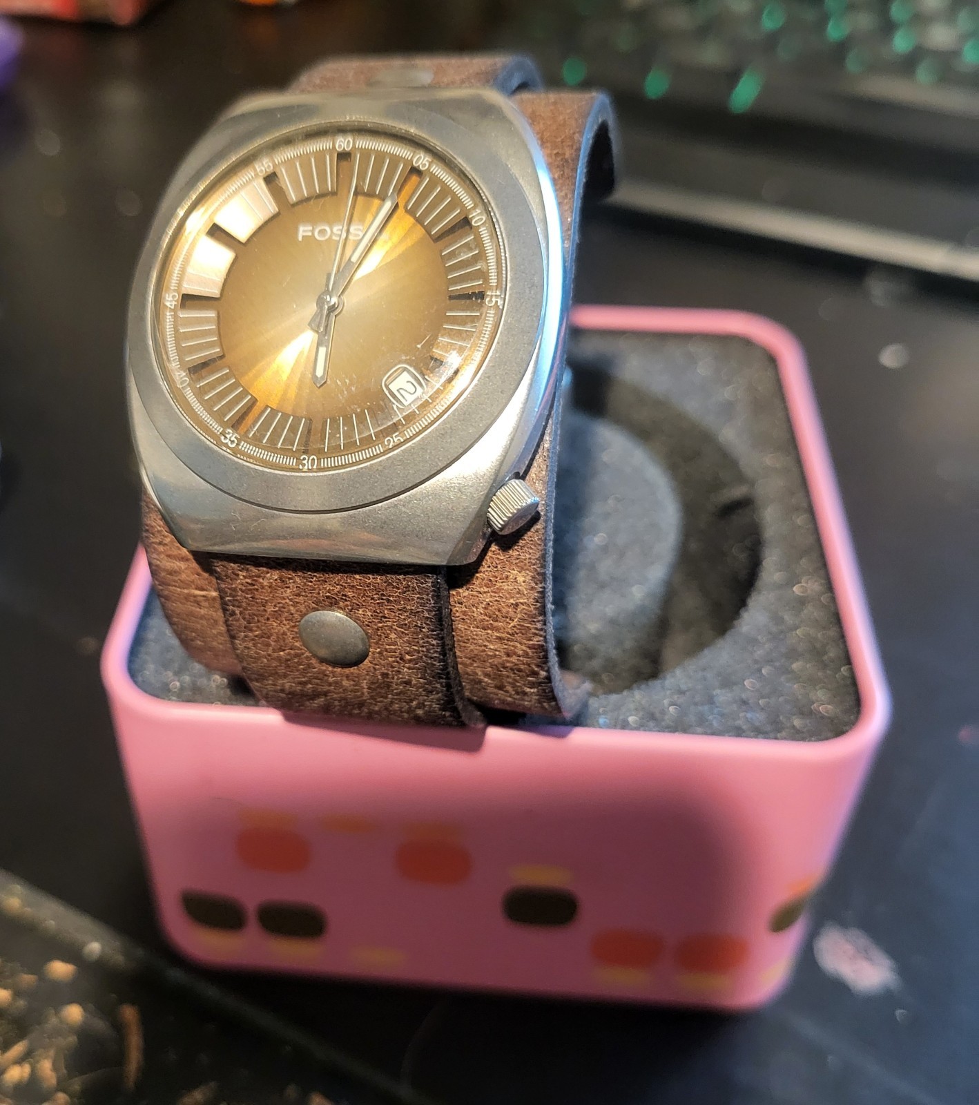 Fossil Men's Brown Leather Wristwatch Analog Date Indicator Original Box
